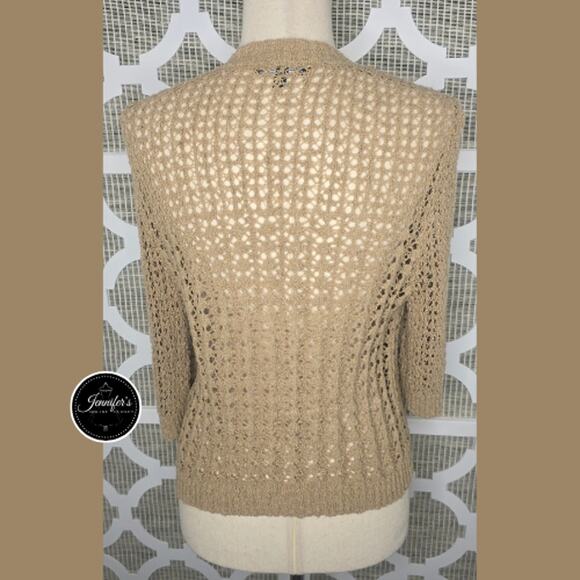 Cable & Gauge Tan Open Crochet Weave 3/4 Sleeve Open Front Cardigan Size L - Picture 6 of 9